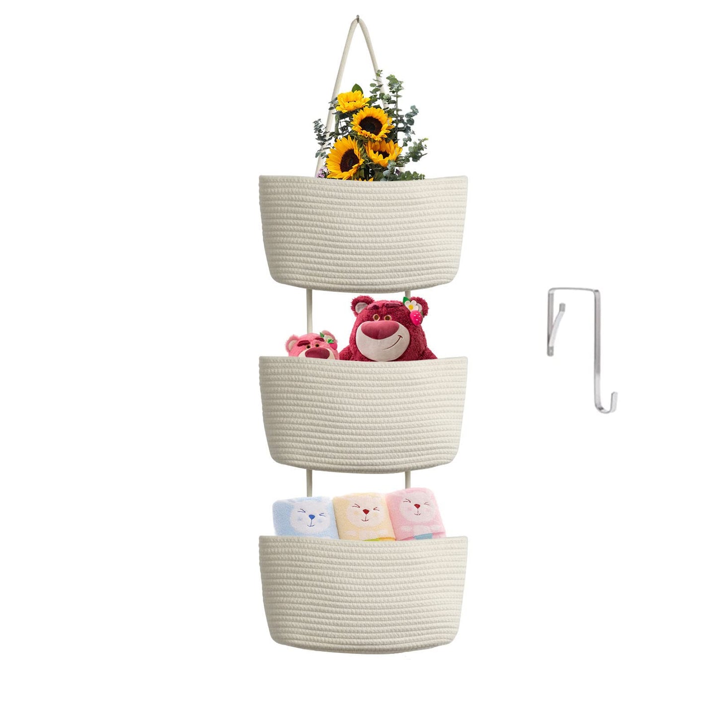 TeoKJ Over the Door Hanging Basket, 3-Tier Woven Cotton Wall-Mounted Storage Organizer Bag Decorative Hanging Nursery Baskets - Jute