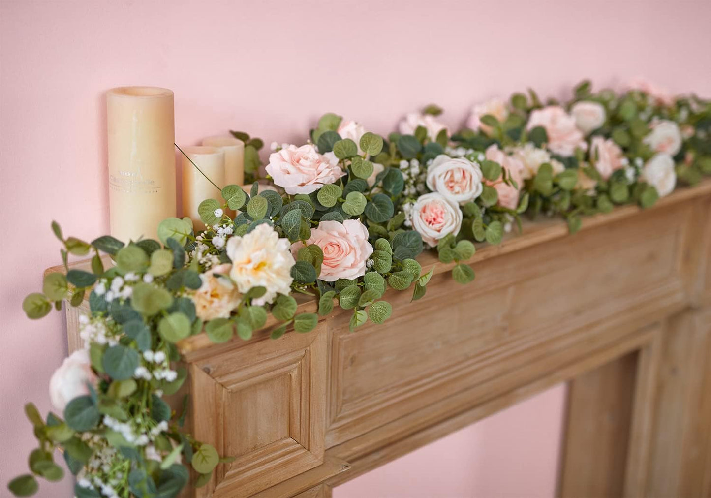 Anna's Whimsy 5.91FT Artificial Eucalyptus Garland with Flowers, Fake Flower Rose Gypsophila, Faux Floral Greenery Garland for Wedding Spring Home Party Craft Art Table Runner Decor