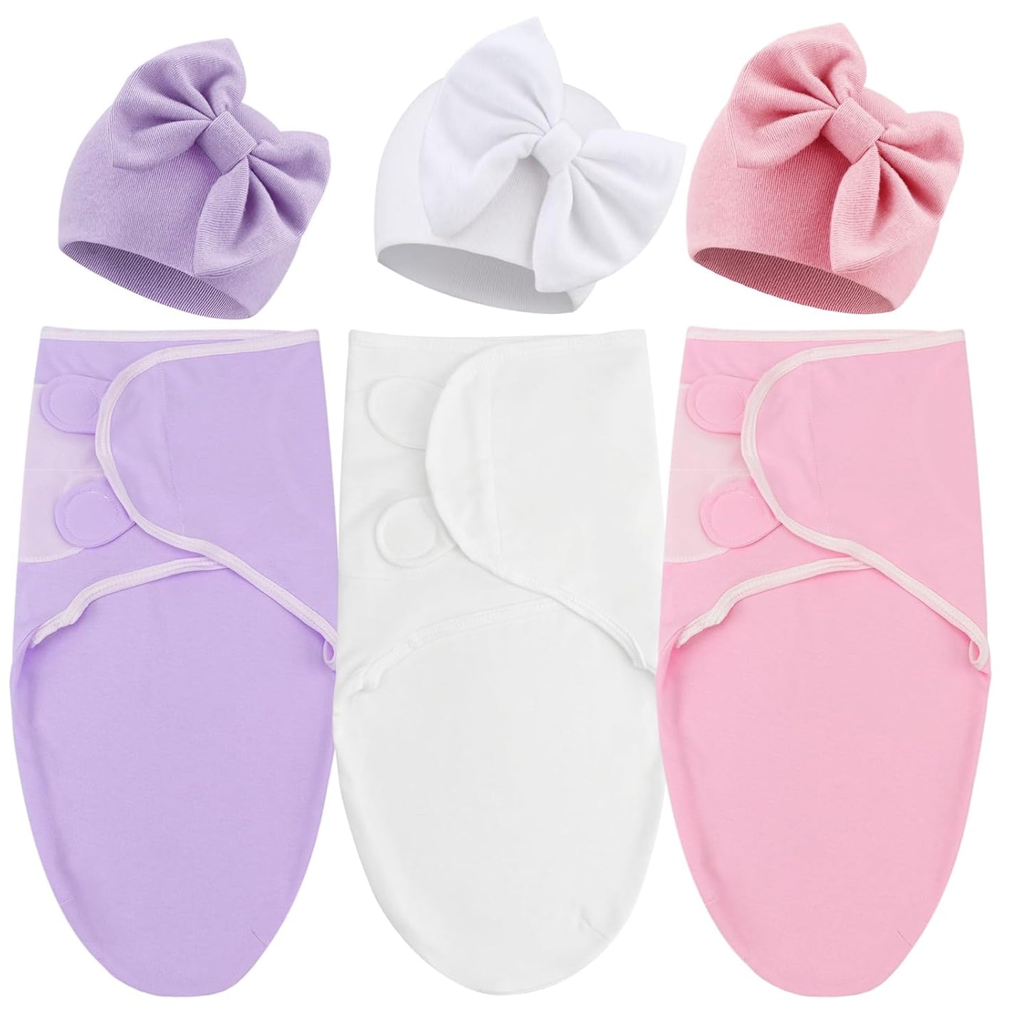 DRESHOW BQUBO 3 Pack Baby Swaddle Sleep Sacks Baby Swaddling Blanket Wrap Newborn Swaddle Sack with Big Bow Hat for Boys Girls 6-12 Lbs Newborns & 0-3 Months Girls Boys