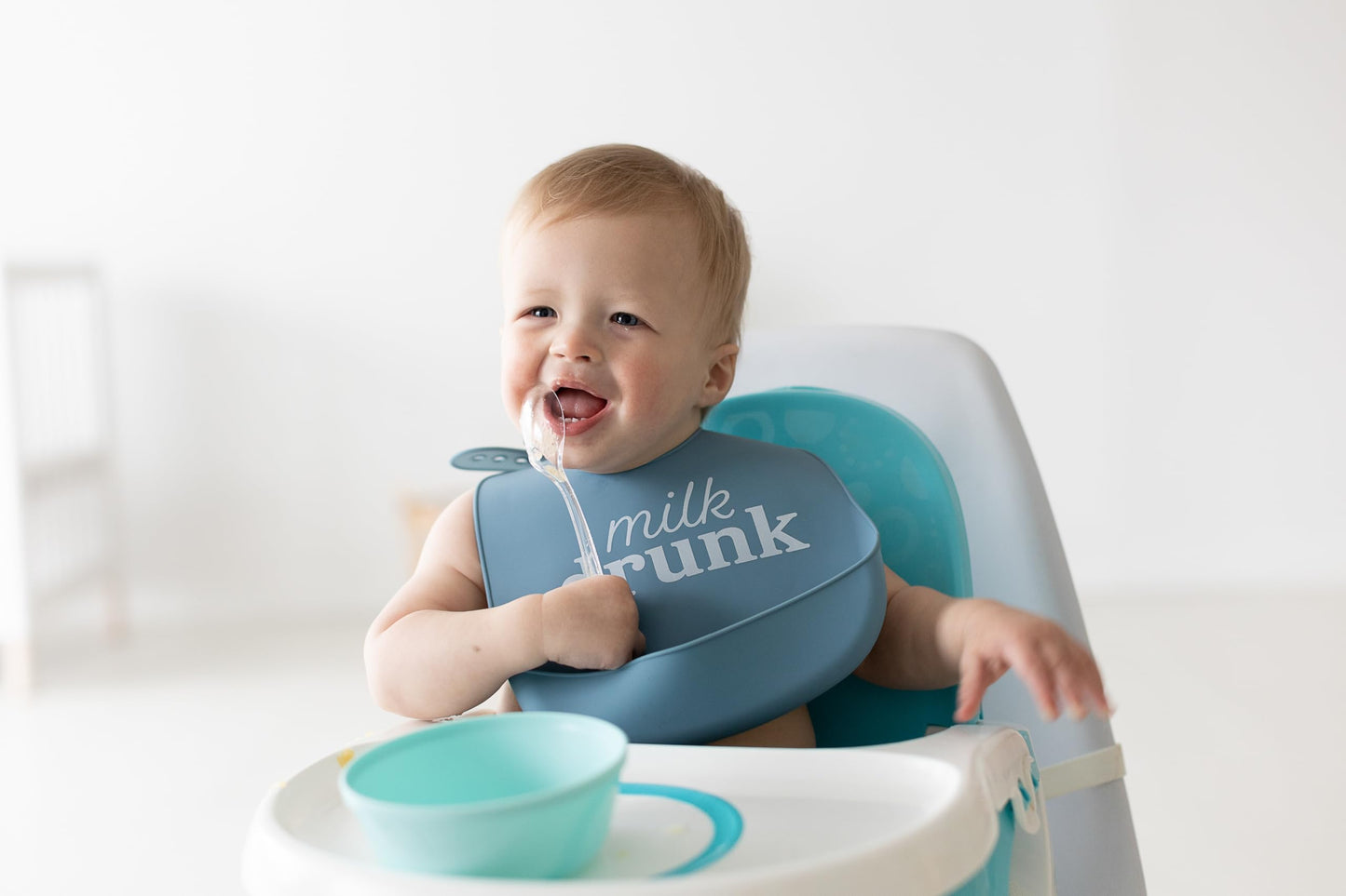 Pearhead Silicone Bib Set of 2, You're a Peach & Light Yellow Waterproof Bibs with Food Catcher, Adjustable Fit, Dishwasher Safe, Unisex Toddler Bib Set