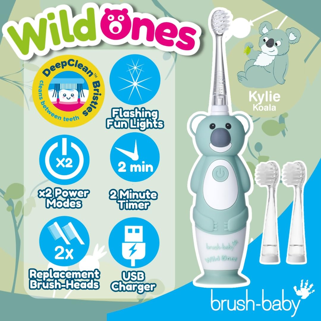 brush-baby WildOnes™ Rechargeable Kids Electric Toothbrush – Toby Tiger | Flashing Lights, 2-Min Timer, Waterproof, 3 Brush Heads | Toddler & Child Toothbrush Ages 0-10 | Soft Bristles