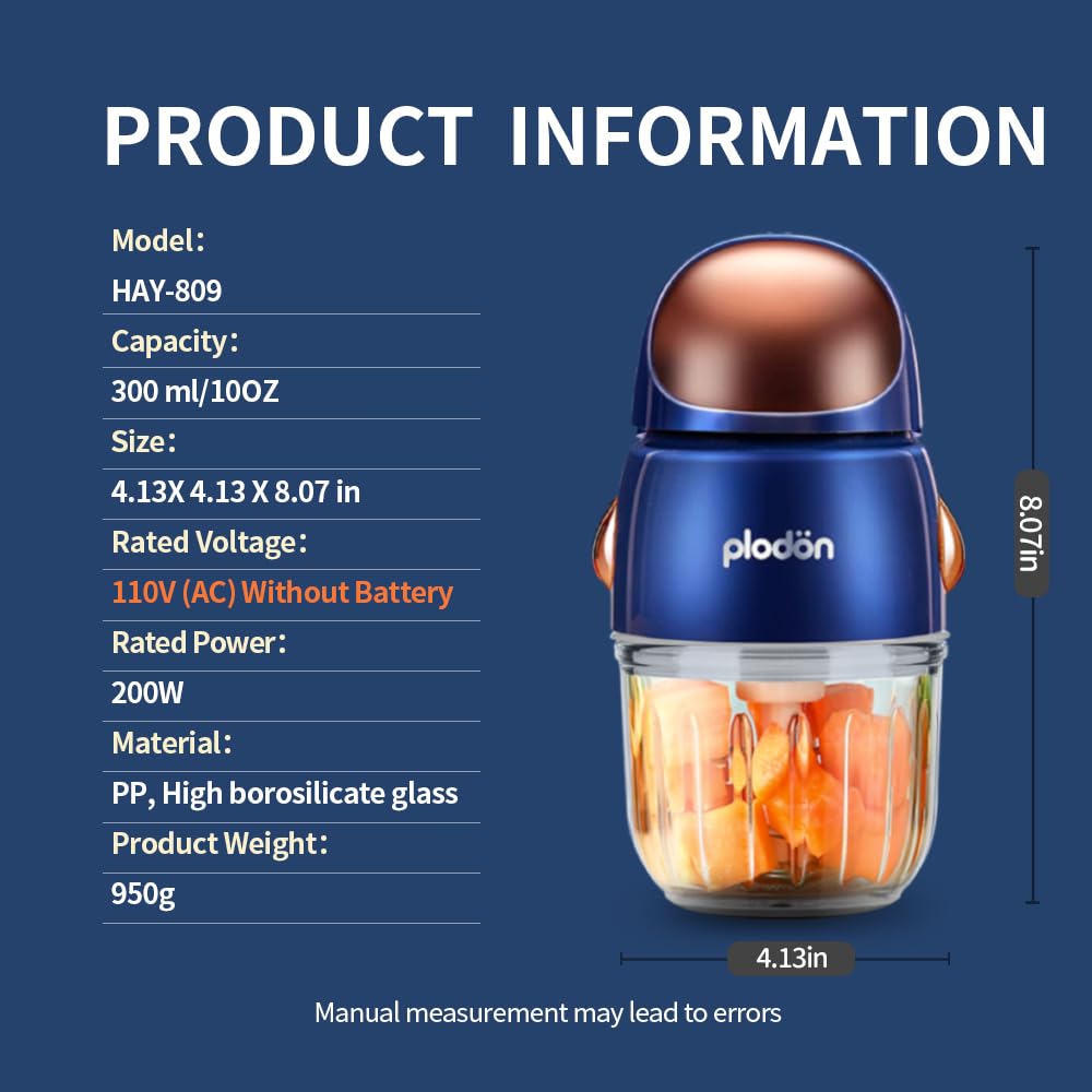 Baby Food Maker Mini Cute and Small Food Processor Puree Blender Grinder Chopper 300ml Cup Glass Bowl with 8 Blade Electric (Spaceman-Blue)