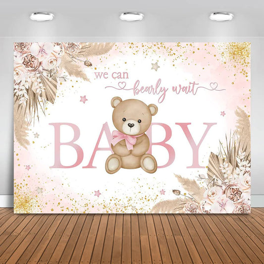 Mocsicka Girl Bear Backdrop Pink Boho Pampas Grass Background We Can Bearly Wait Baby Shower Party Cake Table Decoration Photo Booth Props (7x5ft)