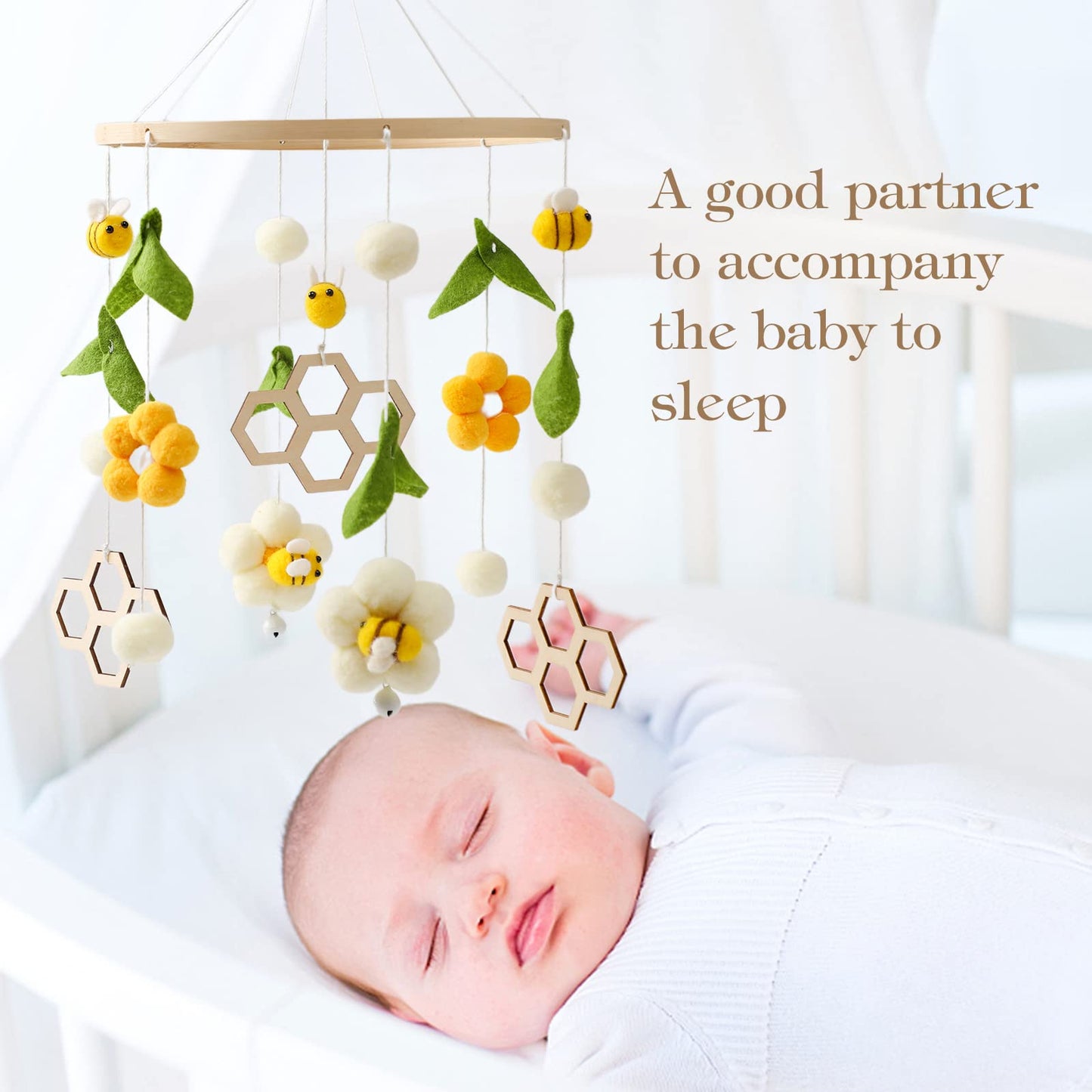 OESSUF Baby Mobile for Crib, Crib Nursery Mobile for Boys Girls, Boho Bee Flower Nursery Decor Soothe Toy Baby Shower Set for Infant Bedroom Hanging Decoration Toy, Pink