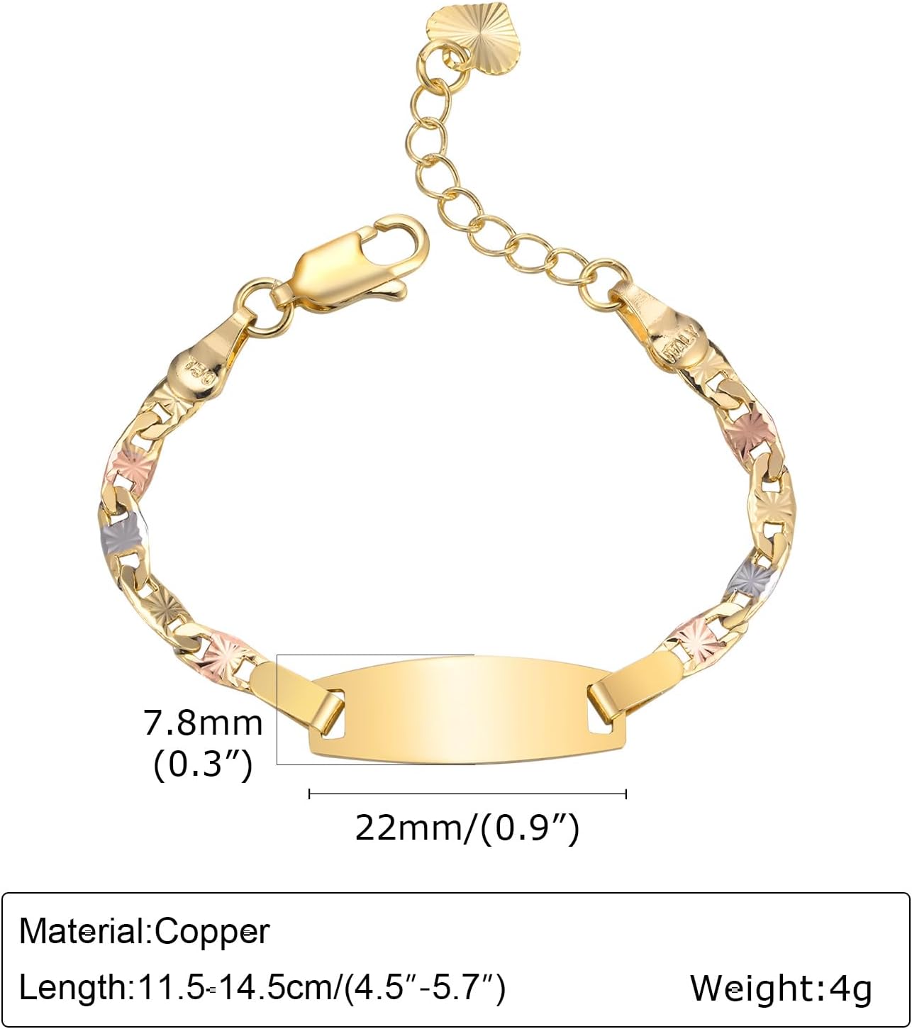 Personalized Child ID Bracelet-18K Gold Plated Tri-Color Chain Custom Name ID Plate Bar Bracelet for Children Toddler from Mom,Engraved Kid Name Customized Birthday,Back To School Gift for Daughter
