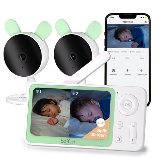 BOIFUN Split Screen Video Baby Monitor WiFi, 2 Cameras, Smartphone APP Control & LCD Monitor, AI Motion & Sound Detection, 4.3'' 4X Zoom, 1080P Smart (Monitor para Bebe), Area Alarm, Video Recording