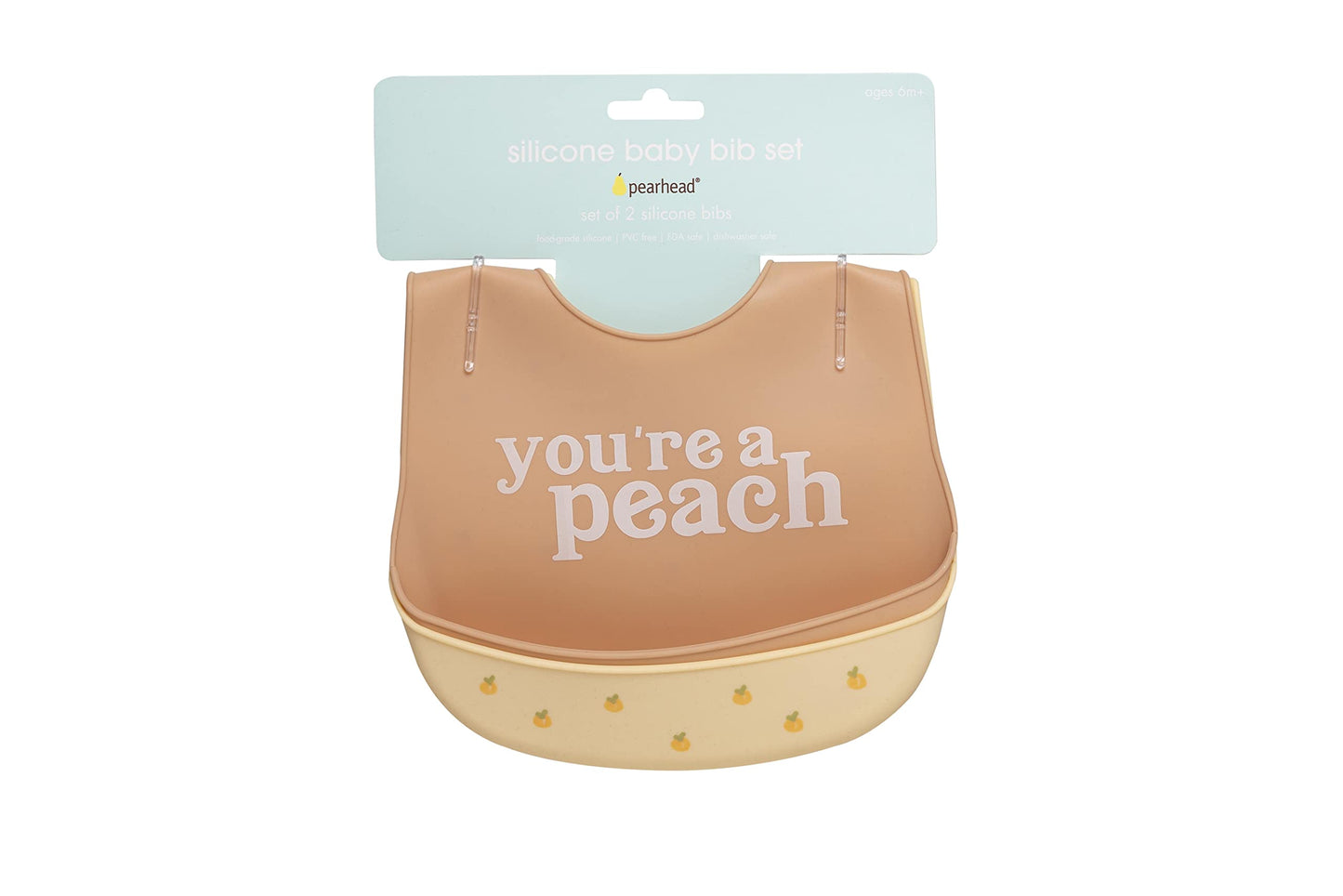 Pearhead Silicone Bib Set of 2, You're a Peach & Light Yellow Waterproof Bibs with Food Catcher, Adjustable Fit, Dishwasher Safe, Unisex Toddler Bib Set
