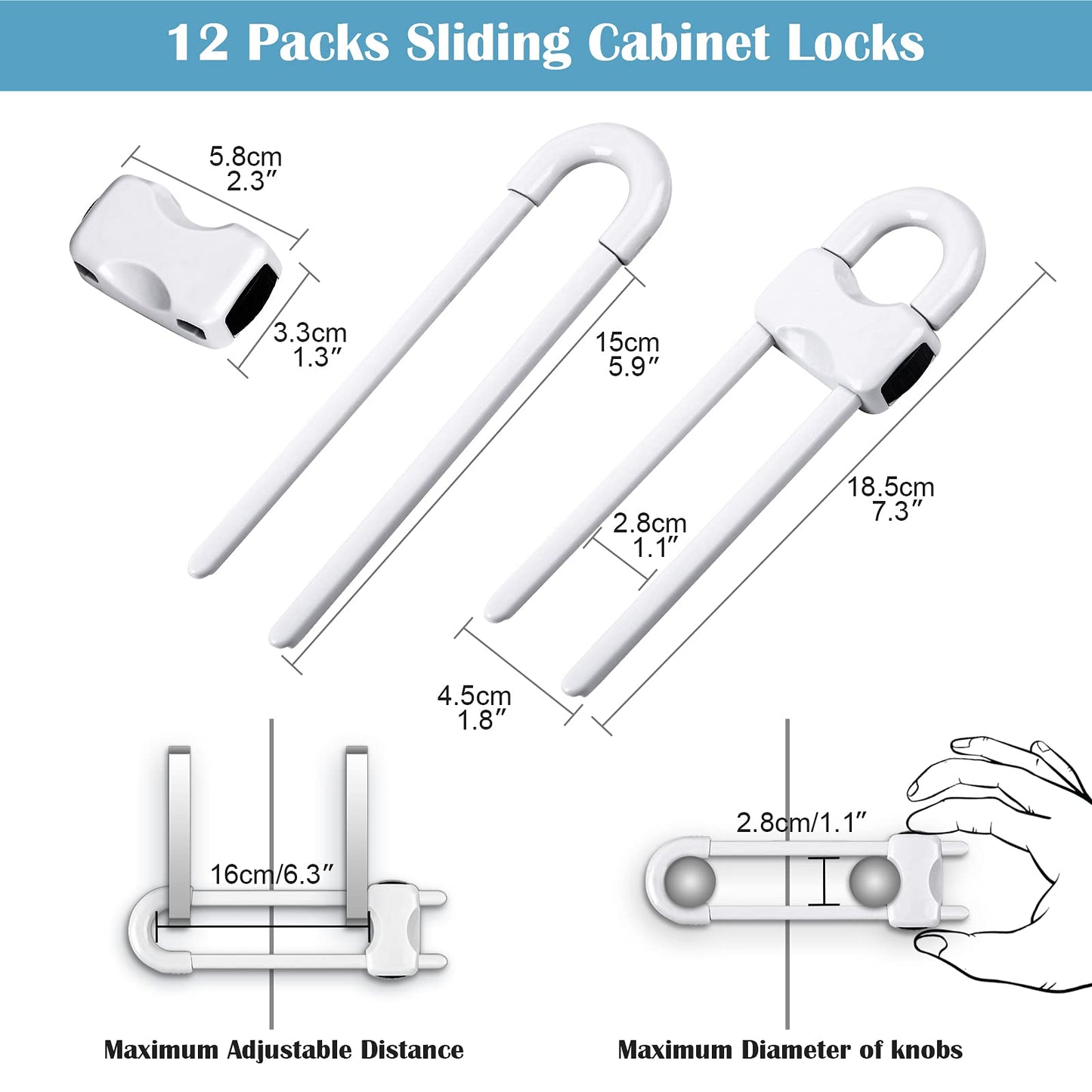 6 Packs Sliding Cabinet Locks, Modacraft Baby Proofing U-Shaped Child Safety Latches Adjustable White Locks for Handles Knobs Drawers Closet Cupboard