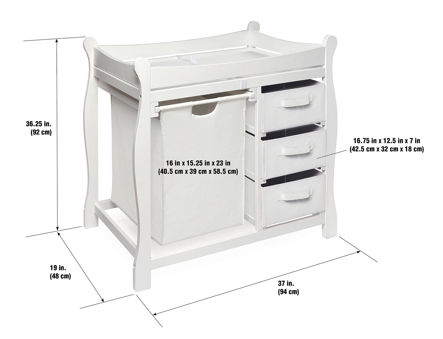 Badger Basket Sleigh Style Baby Changing Table with Laundry Hamper and 3 Storage Drawers - Espresso