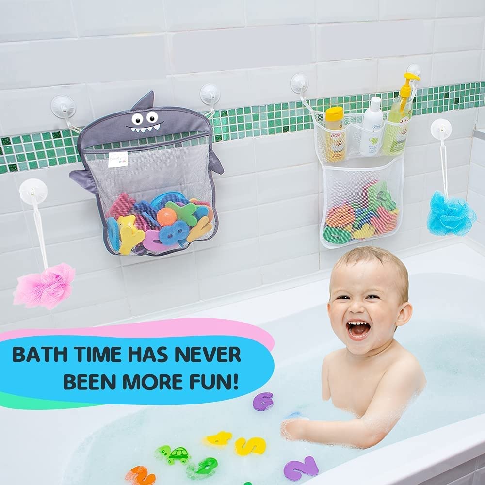 2 x Mesh Bath Toy Organizer + 8 Ultra Strong Hooks – The Perfect Bathtub Toy Holder & Bathroom or Shower Caddy – These Multi-use Net Bags Make Baby Bath Toy Storage Easy – For Kids & Toddlers