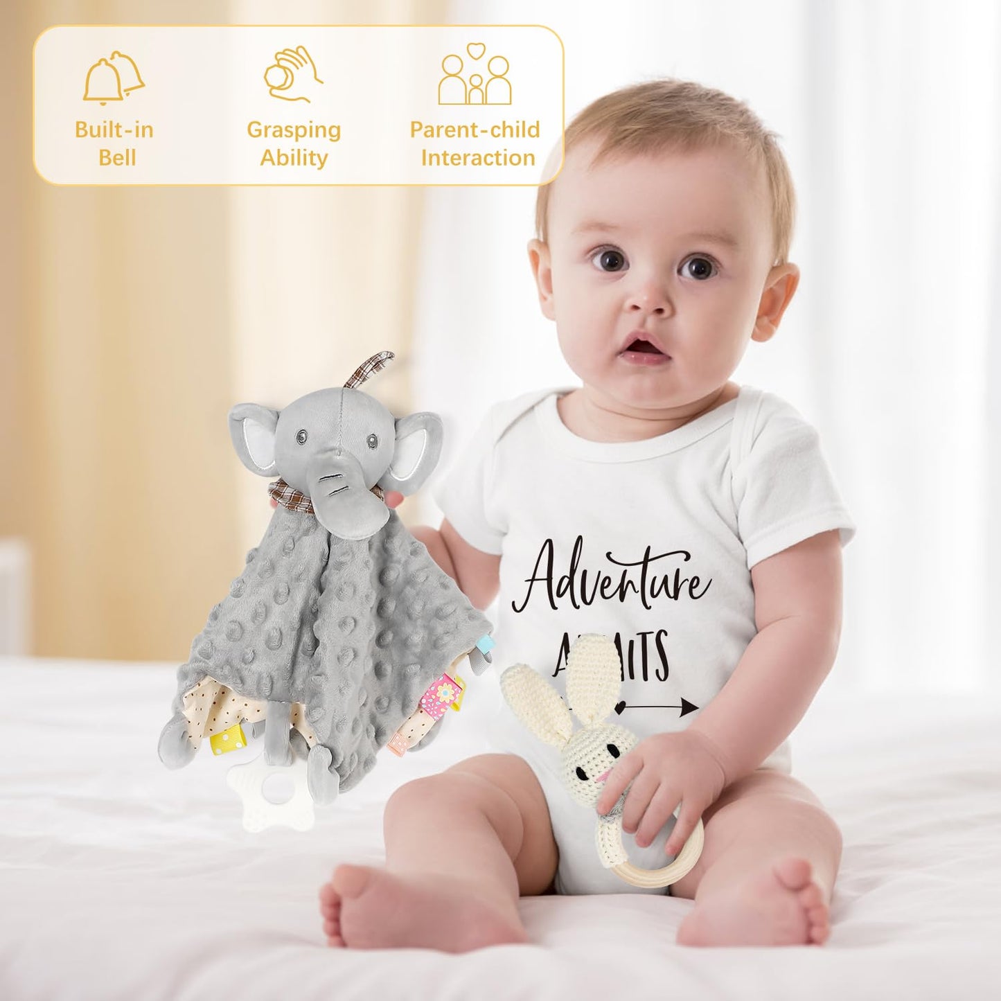 Baby Gift Set for Newborn, Baby Shower Gifts, Wooden Baby Gift Basket Essentials Includes Infant Swaddle Blanket Onesies Rattle Toy Hair Bursh, New Born Baby Christmas Gifts for Girls Boys