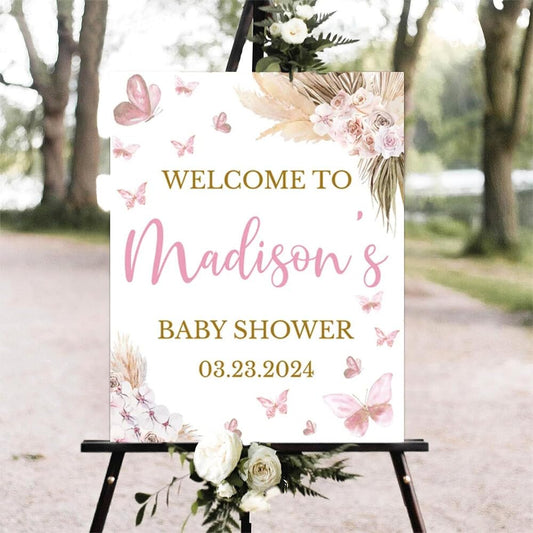 Printable Sign, Butterfly Baby Shower Welcome Sign, 12 x 18 inches to 24 x 36 inches, Corrugated Plastic, Romantic Style