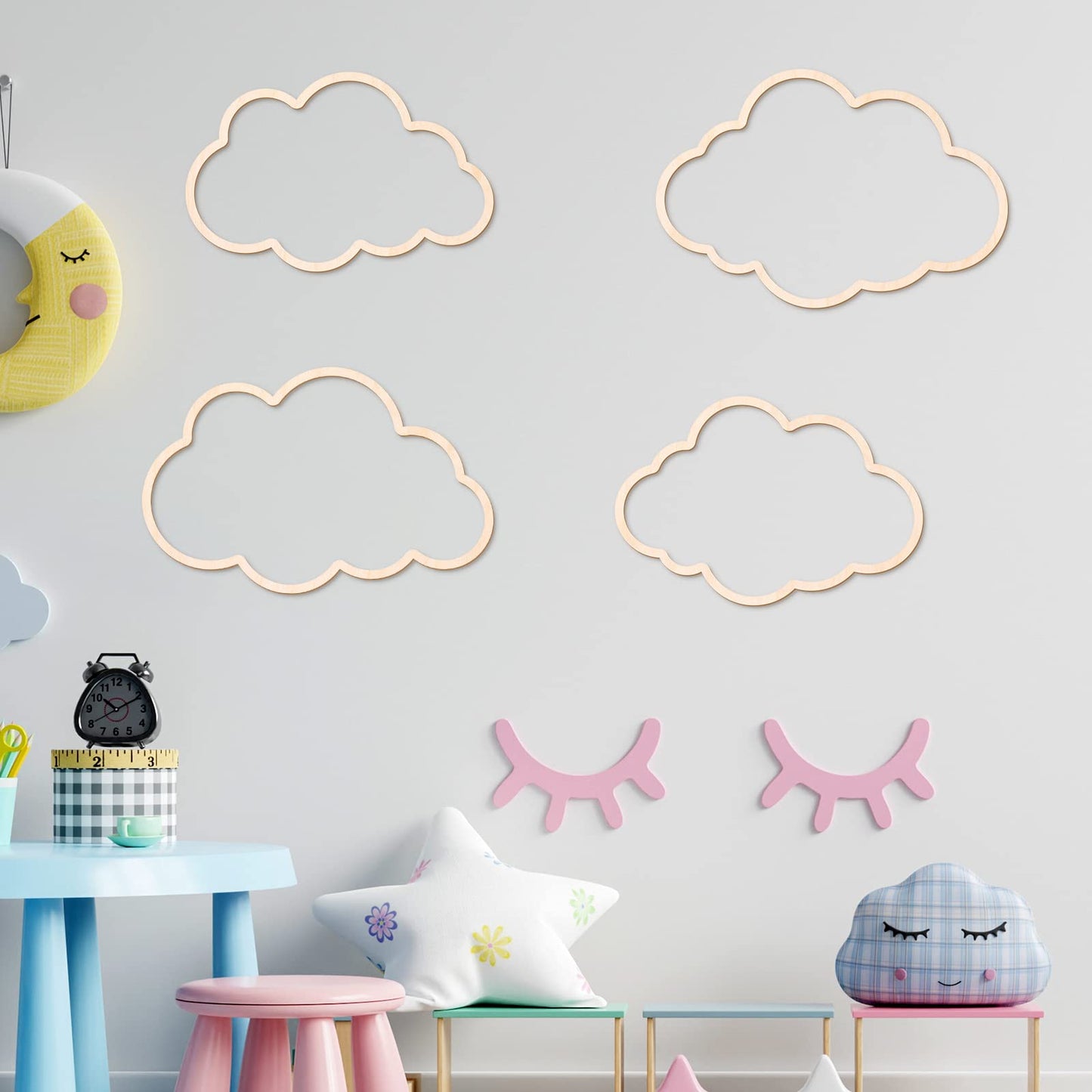 Kathfly4 Pieces Boho Nursery Cloud Star Wall Decor Wooden Babyroom Moon Rattan Wall Decor Wooden Rainbow for Children Baby Kids Boys Girls Bedroom Nursery Pendant(Cloud Moon Star)