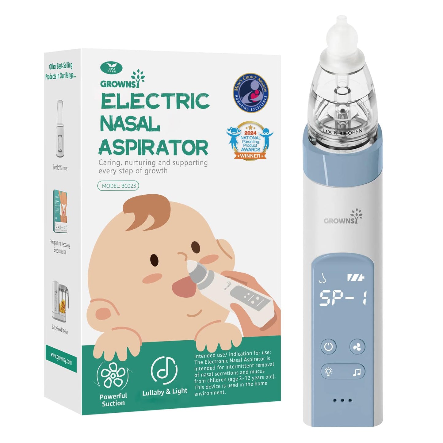 GROWNSY Nasal Aspirator for Baby, Electric Nose Aspirator for Toddler, Baby Nose Sucker, Automatic Nose Cleaner with 3 Silicone Tips, Adjustable Suction Level, Music and Light Soothing Function