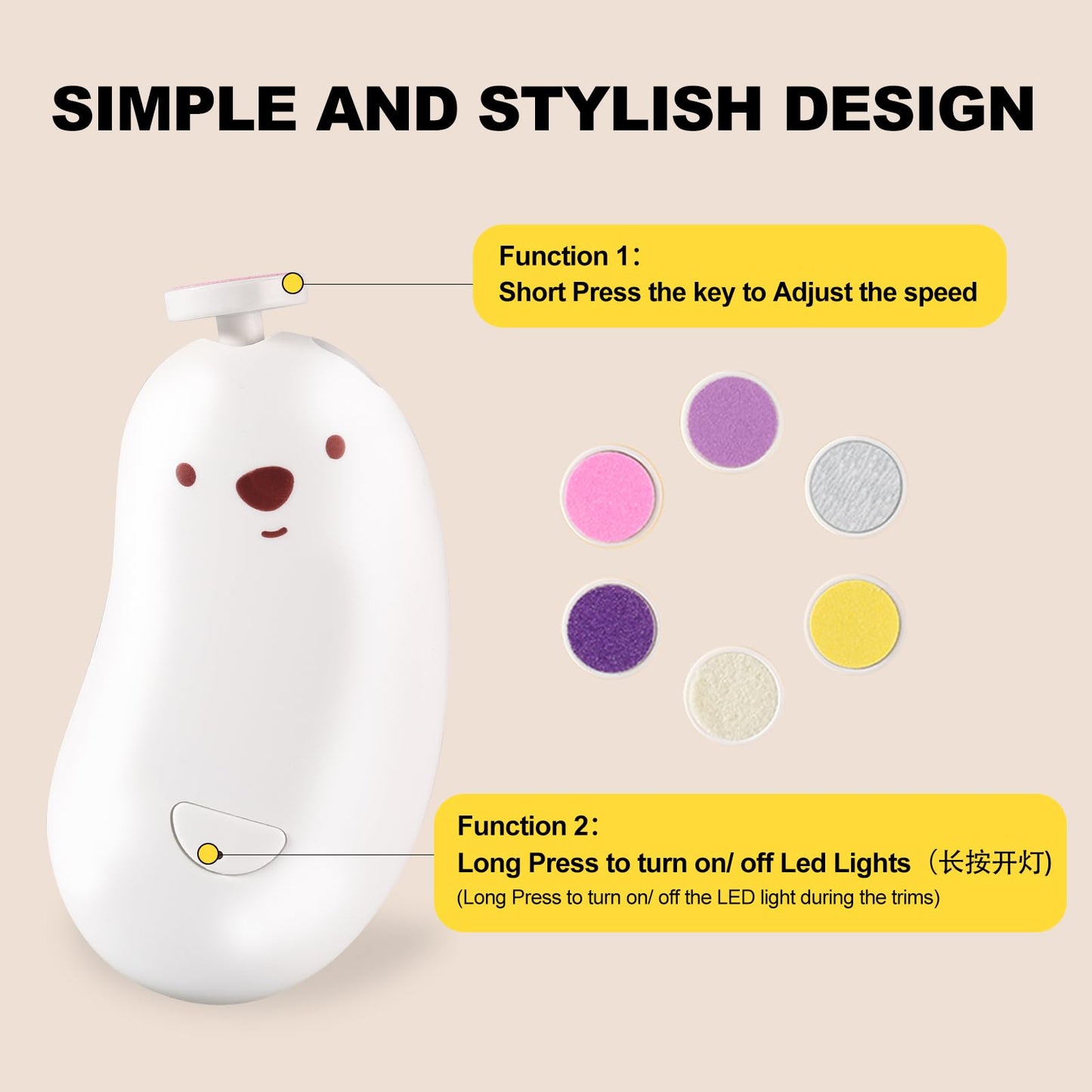 Baby Nail File Electric, Gentle Rechargeable Nail Trimmer, Baby Nail Clippers Grooming Kit Manicure Set for Infant Toddler or Adults, 6 Grinding Head Replacement Pads White