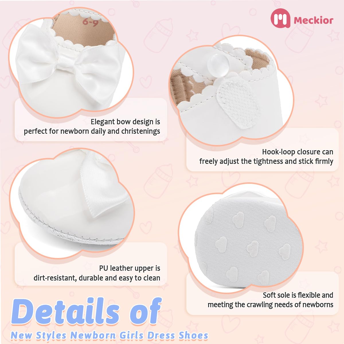 Meckior Newborn Baby Girls Dress Shoes Infant Bowknot Soft Sole Mary Jane Moccasins Baptism Christening Crib Shoes Wedding Princess Flats