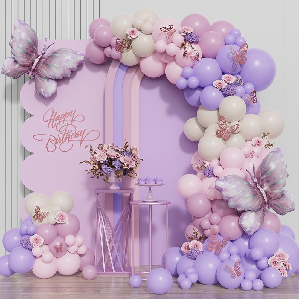 Purple Butterfly Balloon Arch Garland Kit 150 pcs White Sand Boho Pastel Balloon for Butterfly Theme Birthday Baby Shower Fiesta Party Decorations for Girls
