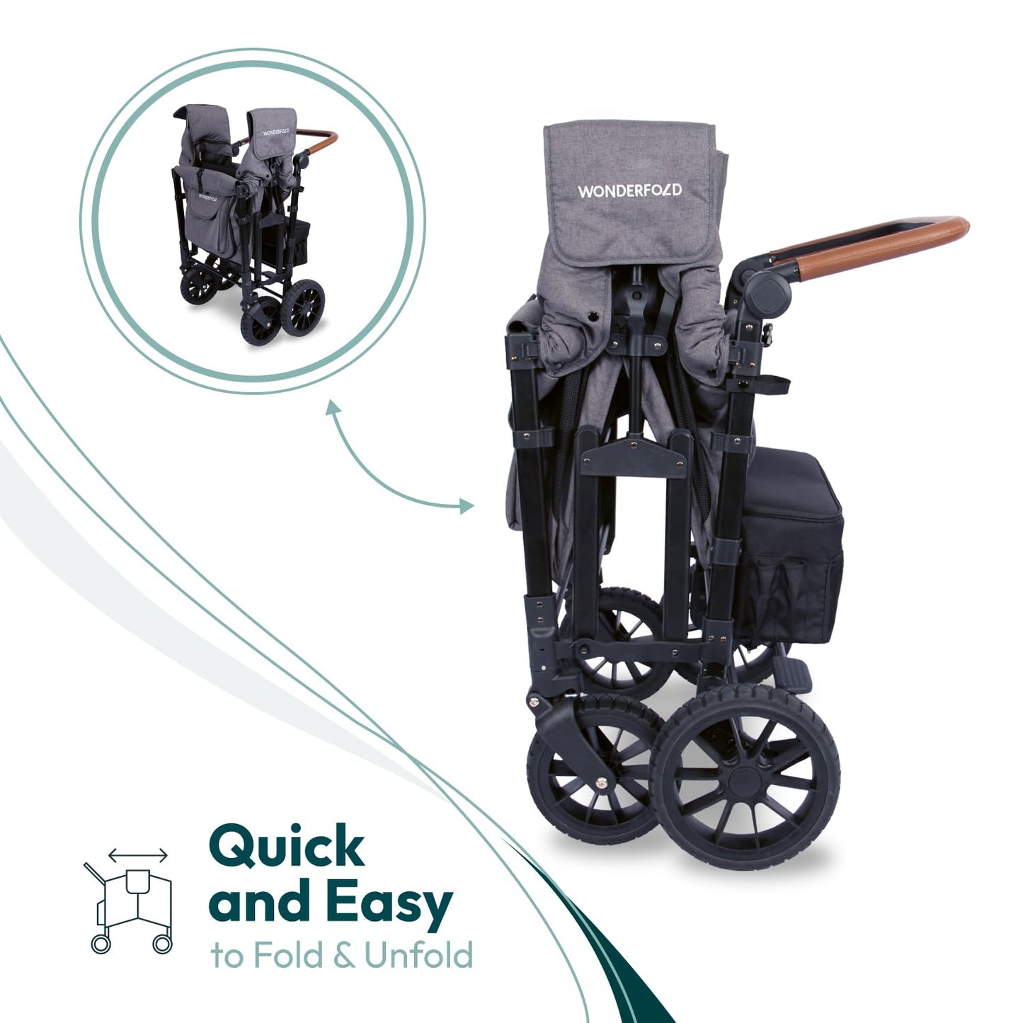 WONDERFOLD W4 Luxe Quad Stroller Wagon Featuring 4 High Face-to-Face Seats with Magnetic Buckle 5-Point Harnesses and Adjustable/Removable UV-Protection Canopy, Hunter Green