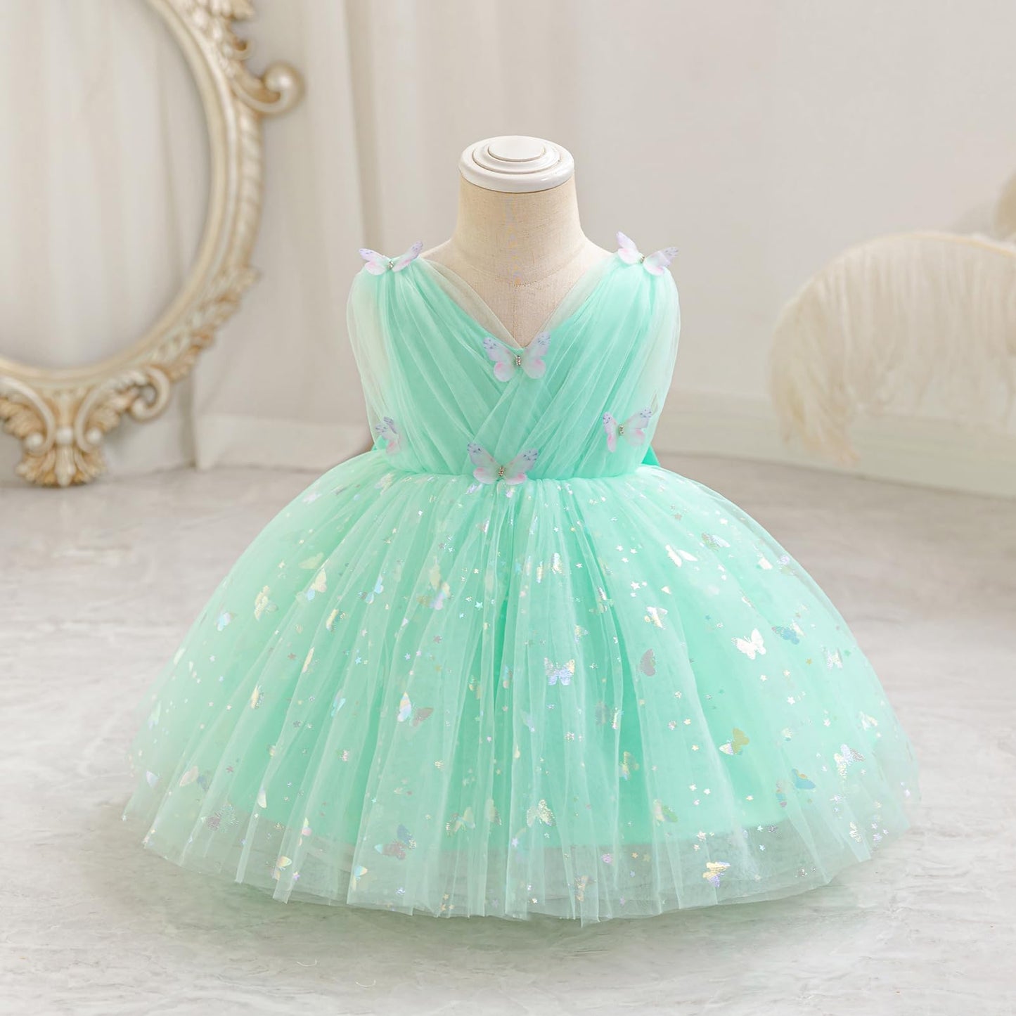 IDOPIP Toddler Baby Girls Shiny Butterfly Tutu Dress Princess Birthday Party Pageant Flower Girl Wedding V-Backless Dresses