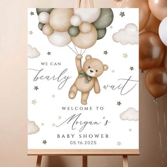 Personalized We Can Bearly Wait Baby Shower Welcome Sign, Welcome to Baby Shower Sign - Teddy Bear & Balloon Theme Décor #5