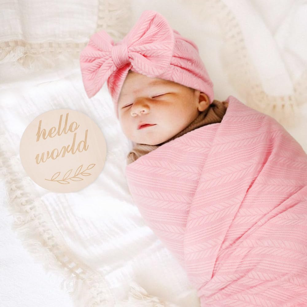 Newborn Receiving Blanket with Bow Hat Mittens Wooden Card Set Wheat-Pattern Newborns Toddler Baby Boy Girl Nursery Swaddle Wrap