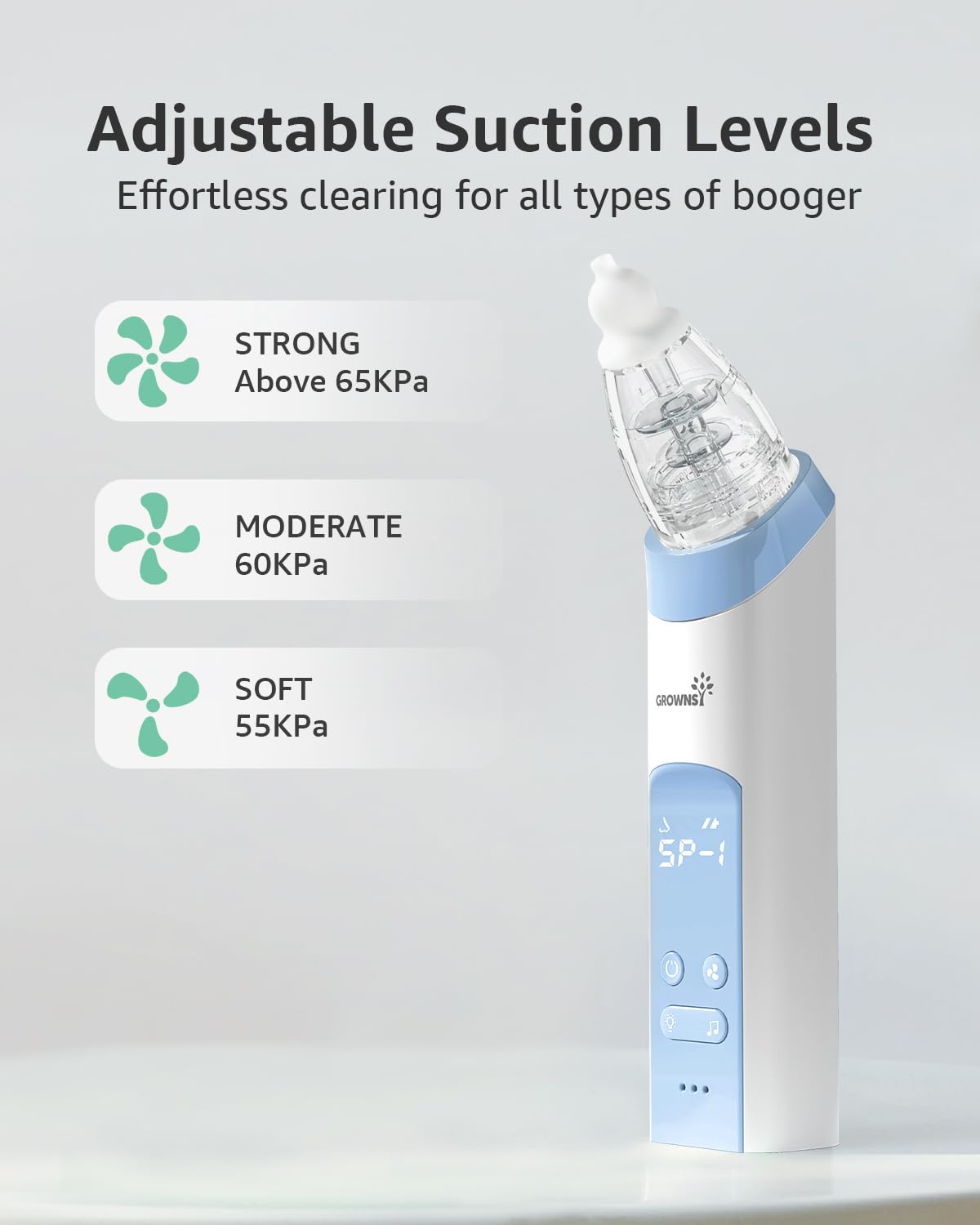 GROWNSY Nasal Aspirator for Baby, Electric Nose Aspirator for Toddler, Baby Nose Sucker, Automatic Nose Cleaner with 3 Silicone Tips, Adjustable Suction Level, Music and Light Soothing Function