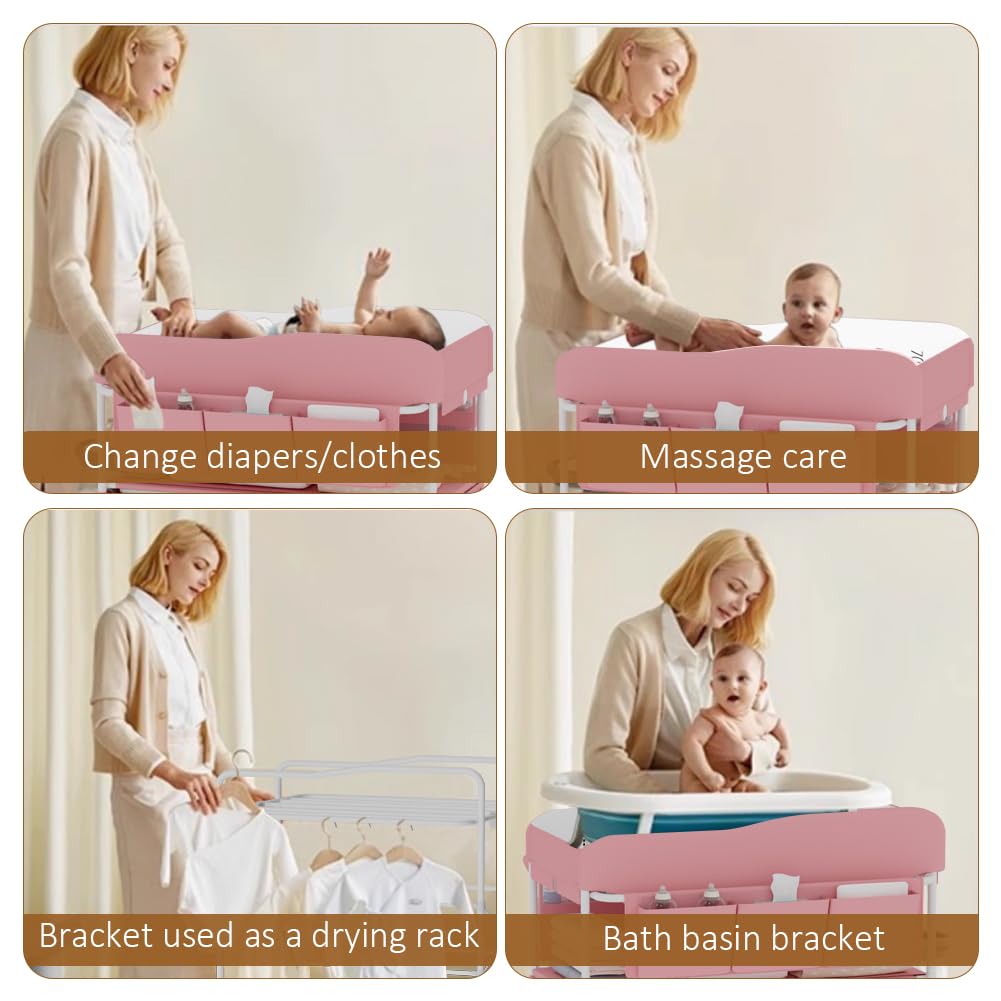 Diaper Changing Station, Portable Changing Table for Baby, Diaper Changing Table with Storage Drawers, Waterproof Baby Changing Station with Wheels and Adjustable Height for Newborn Infant (Pink)