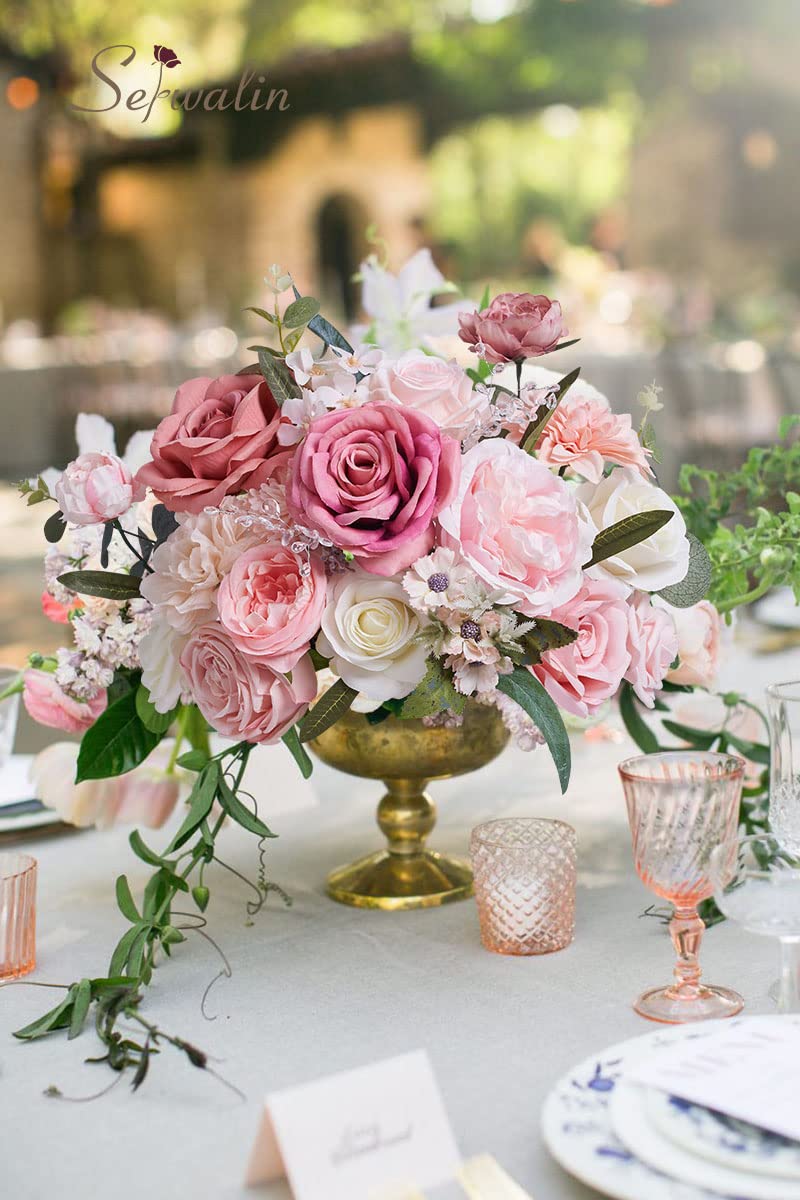 Serwalin Pink Artificial Flowers, Silk Fake Flowers for DIY Wedding Bridal Bouquets, Wedding Cake Flowers for Table Centerpieces Baby Shower Birthday Party Home Decorations