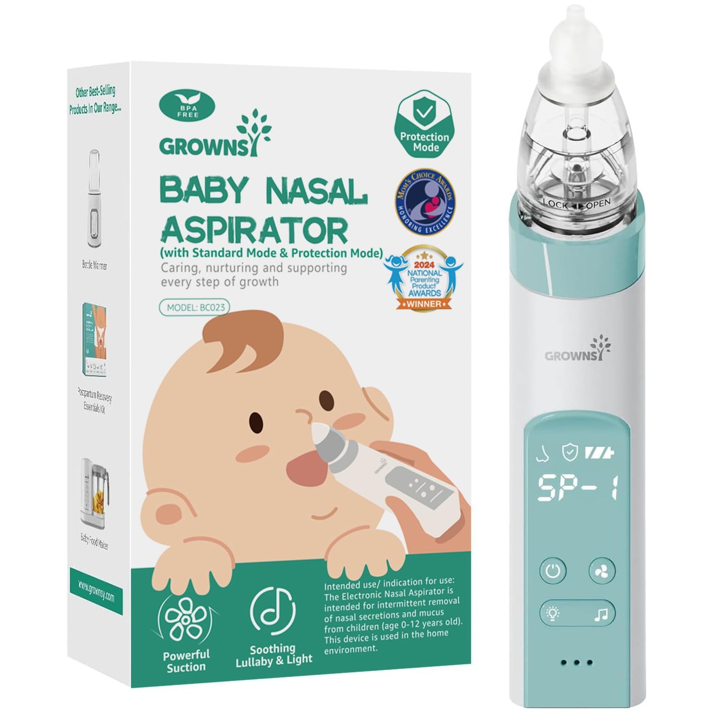 GROWNSY Nasal Aspirator for Baby, Electric Nose Aspirator for Toddler, Baby Nose Sucker, Automatic Nose Cleaner with 3 Silicone Tips, Adjustable Suction Level, Music and Light Soothing Function