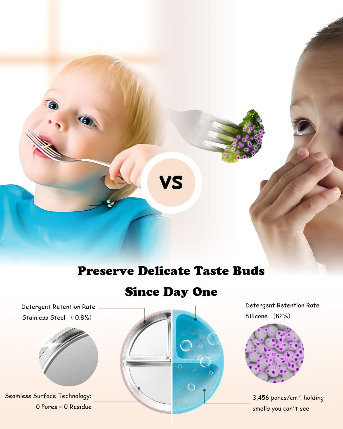 Stainless Steel Baby Plate with Suction, 9” Divided Toddler Plates with Removable Silicone Sleeves for Kids, Non-Toxic Non-Slip Unbreakable Dishwasher Safe Dinnerware Set of 2, Pink & Beige