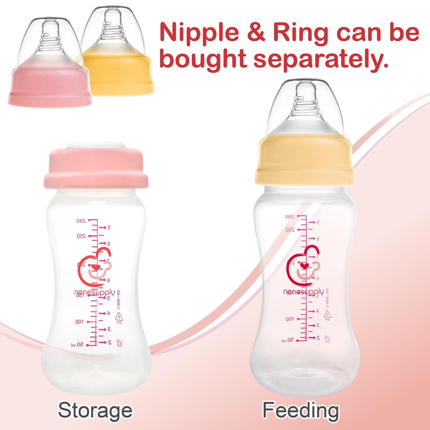 Nenesupply Natural Baby Bottles Newborn Feeding Bottles Slow Flow Breastfeeding Bottle for Breastfed Babies Wide Neck 9oz Anti Colic Level 2 Nipple for 1+ Month Infant Replace Spectra Bottle Pumping