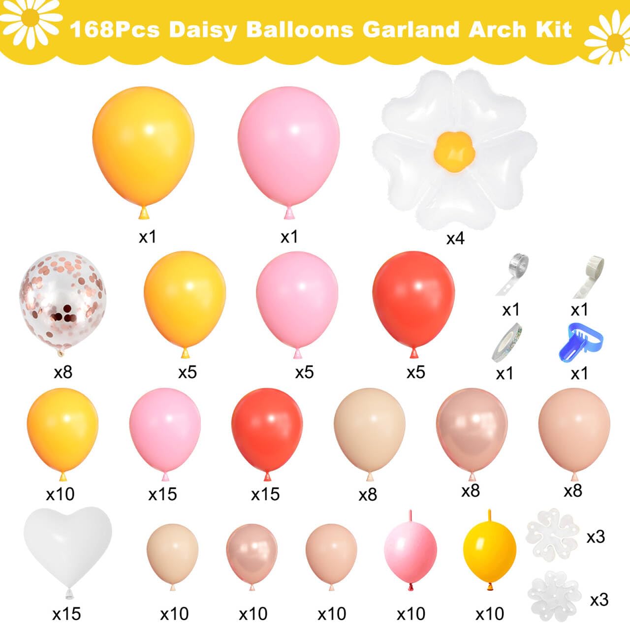 168Pcs Daisy Balloon Arch Garland Kit, Pastel Blue Orange Yellow Purple Confetti Daisy Wild Flower Balloons for Boho Two Groovy One Birthday Floral Girl Baby Shower Spring Wedding Party Decorations