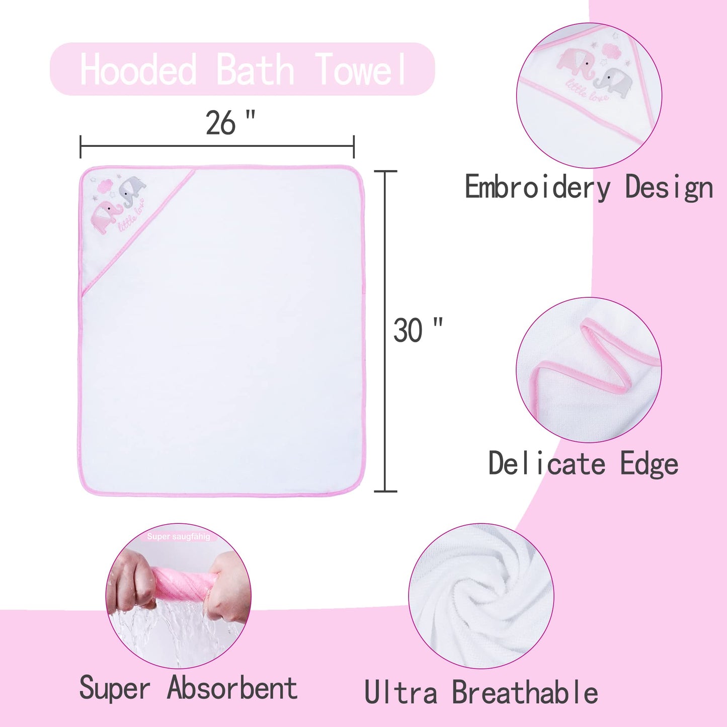 Viviland Baby Towels and Baby Wash Cloths Set Hooded Baby Towels Baby Wipes Absorbent Bath Face Towels Burp Cloths or Face Towels for Girl Boy 6-Pack Size 28 x 28 Inch(Elephant Flower)