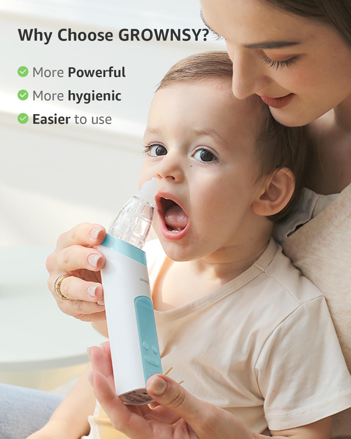 GROWNSY Nasal Aspirator for Baby, Electric Nose Aspirator for Toddler, Baby Nose Sucker, Automatic Nose Cleaner with 3 Silicone Tips, Adjustable Suction Level, Music and Light Soothing Function
