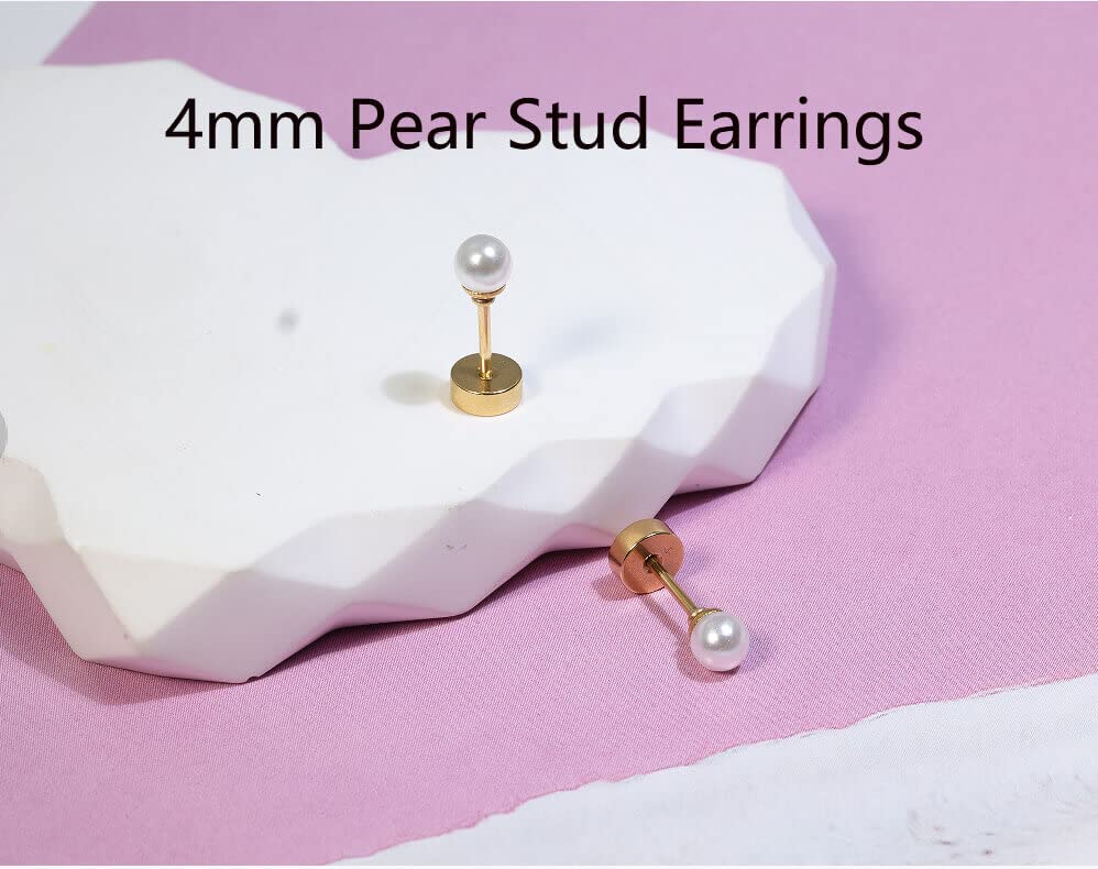 6mm Pearl Stud Earrings Flat Screw Back,14K Gold Pearl Cartilage Helix Earrings Hypoallergenic 316L Surgical Steel Piercing Jewelry Gift for Girls Women Toddlers(6mm Pearl, Gold)
