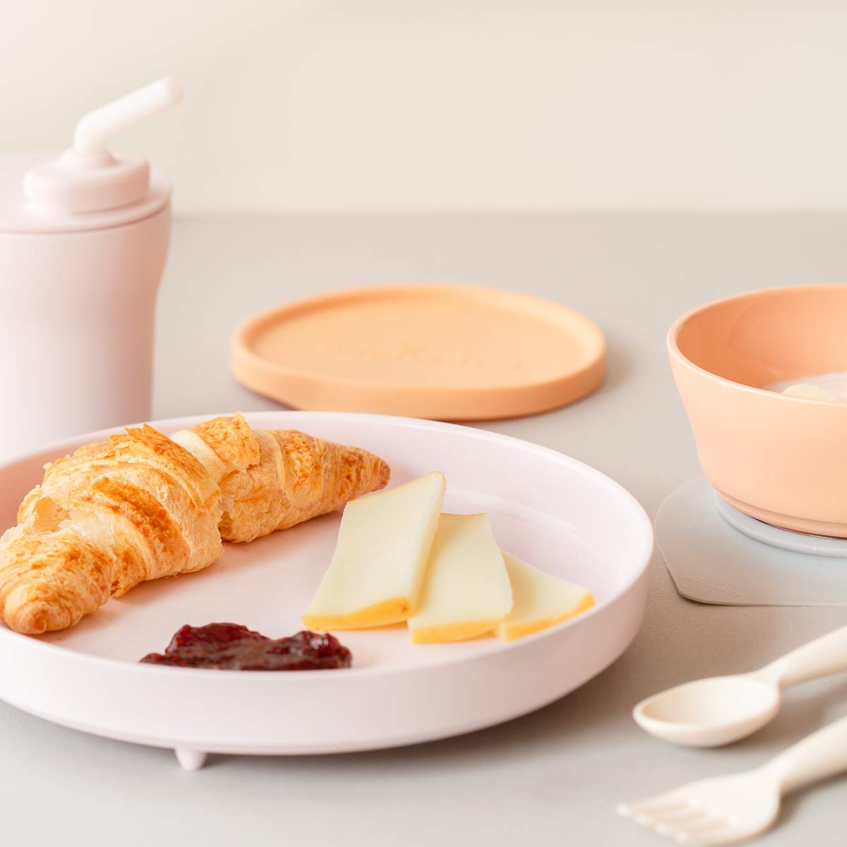 Miniware Little Foodie Set with Cereal Bowl, Sandwich Plate, My First Cutlery Set, 1-2-3 Sip Cup, and Detachable Suction Foot for Baby Toddler Kids (Little Camper)