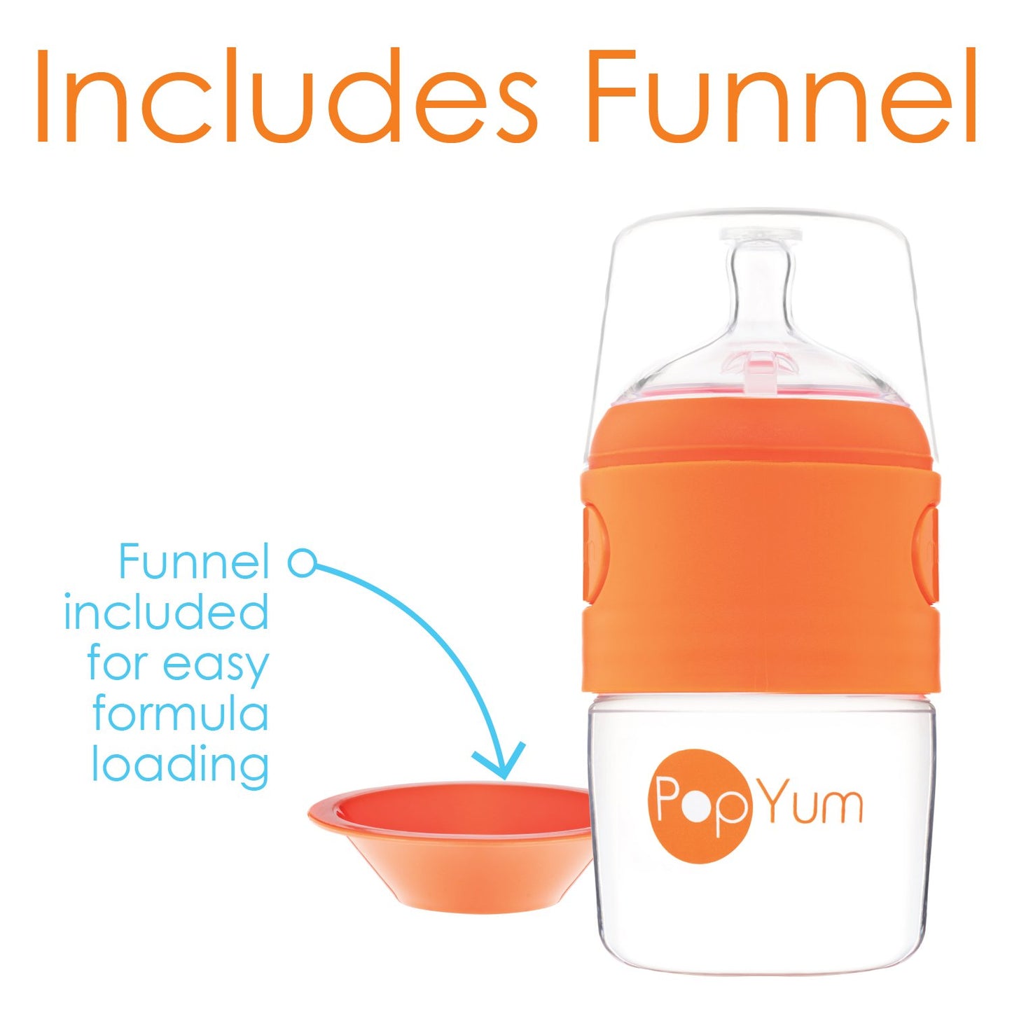 PopYum 9 oz Orange Anti-Colic Formula Making/Mixing/Dispenser Baby Bottle with #2 Medium Flow Nipple, 260 ml, BPA-Free, Natural Latch