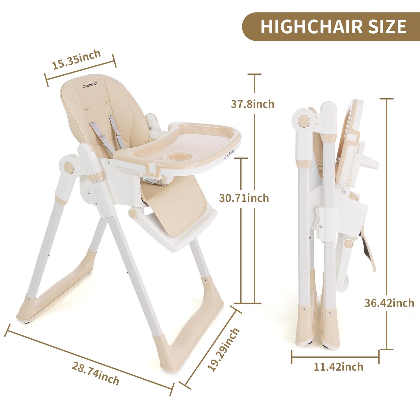 3-in-1 Foldable High Chair for Babies & Toddlers – Adjustable Height, Reclining Seat, 5-Point Safety Harness, Removable Tray, Lockable Wheels and Washable Cushion, Beige