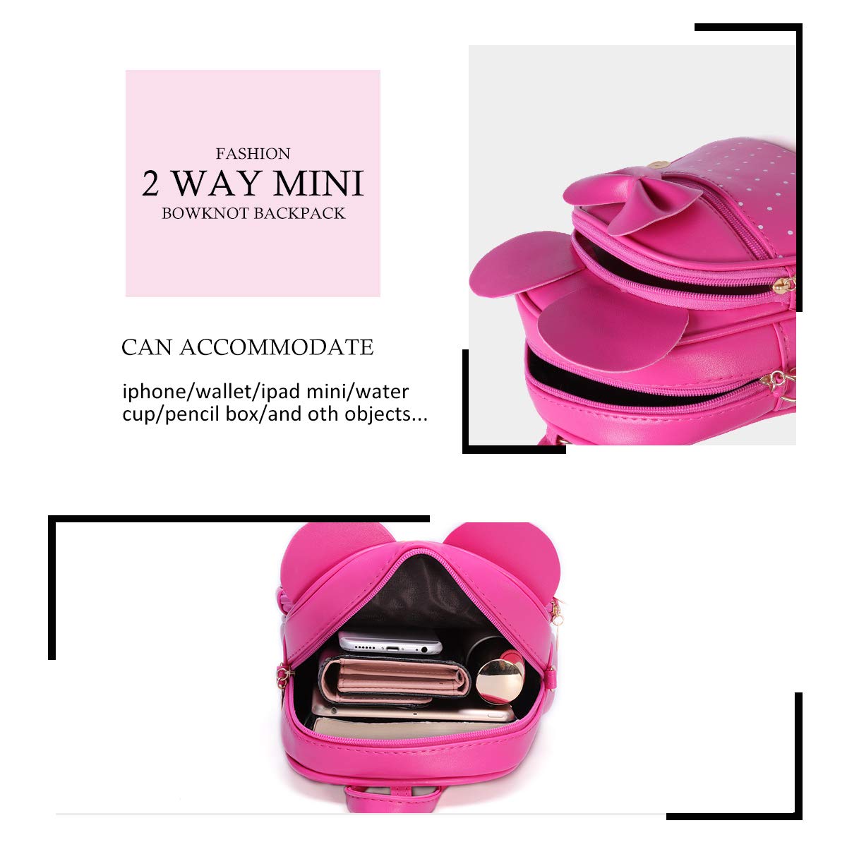 KL928 Girls Bowknot Polka Dot Cute Mini Backpack Small Daypacks Convertible Shoulder Bag Purse for Women