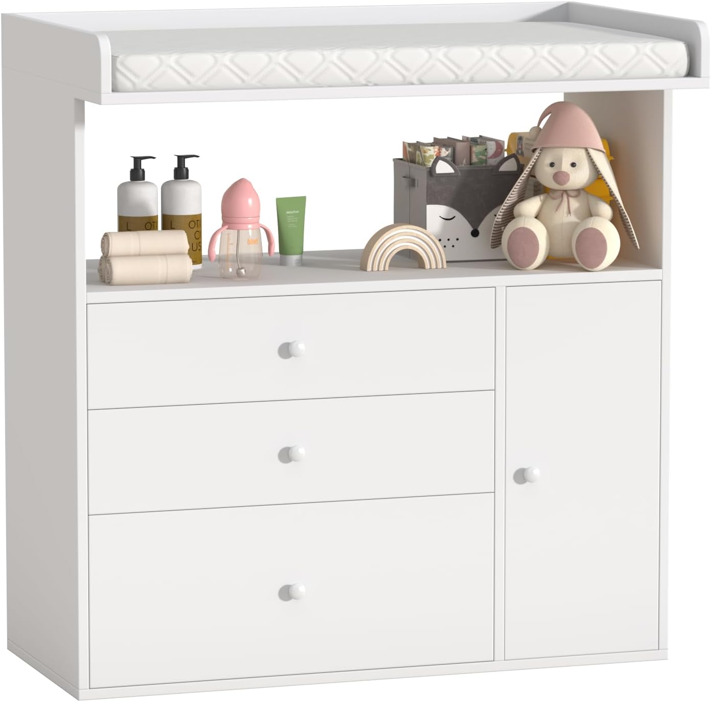 Baby Changing Table Dresser with Wide Tabletop, 3 Drawers & 1 Cabinet, 1 Storage Cubbies,Baby Dresser with Changing Table Top, Perfect for Baby Bedrooms & Nurseries