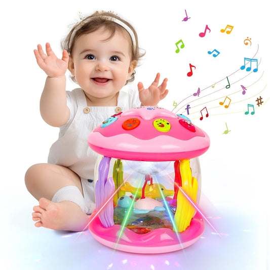 M SANMERSEN Baby Girl Toys 6-12 Months - Babies Ocean Rotating Projector Light Up Musical Toys for 12-18 Months Crawling Learning Tummy Time 1 2 Years Old Infant Boys Girls Gifts - Pink