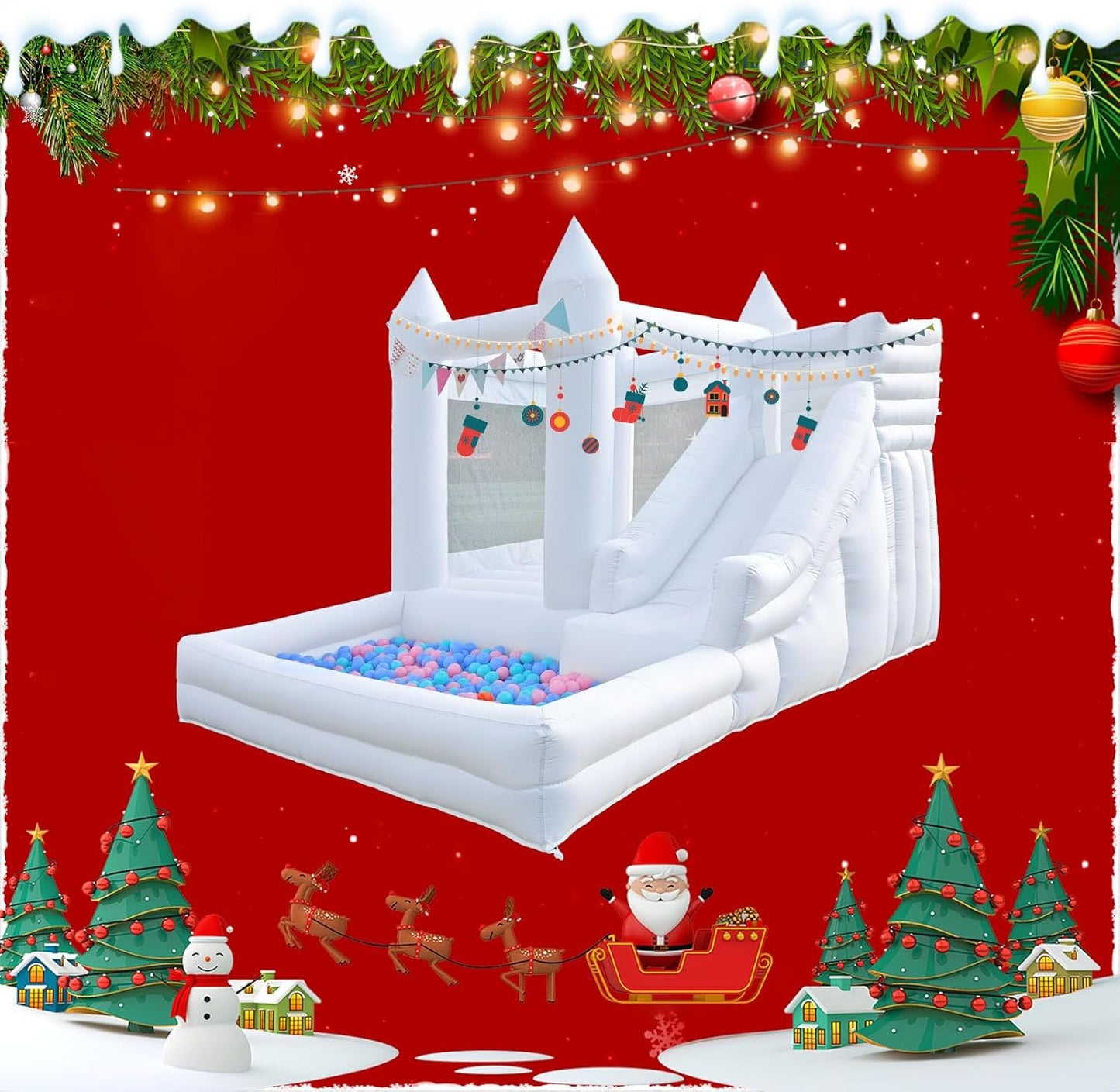 12 FT Oxford White Inflatable Bounce House, Bounce House With Ball Pit, Bounce House With Slide, Indoor And Outdoor Large Inflatable Castles Bounce House for Kids 3-12 Holiday Decoration Wedding Party