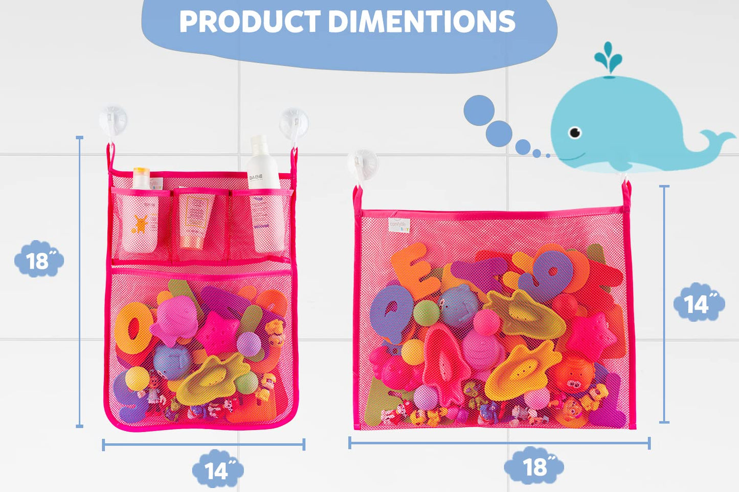 2 x Mesh Bath Toy Organizer + 8 Ultra Strong Hooks – The Perfect Bathtub Toy Holder & Bathroom or Shower Caddy – These Multi-use Net Bags Make Baby Bath Toy Storage Easy – For Kids & Toddlers