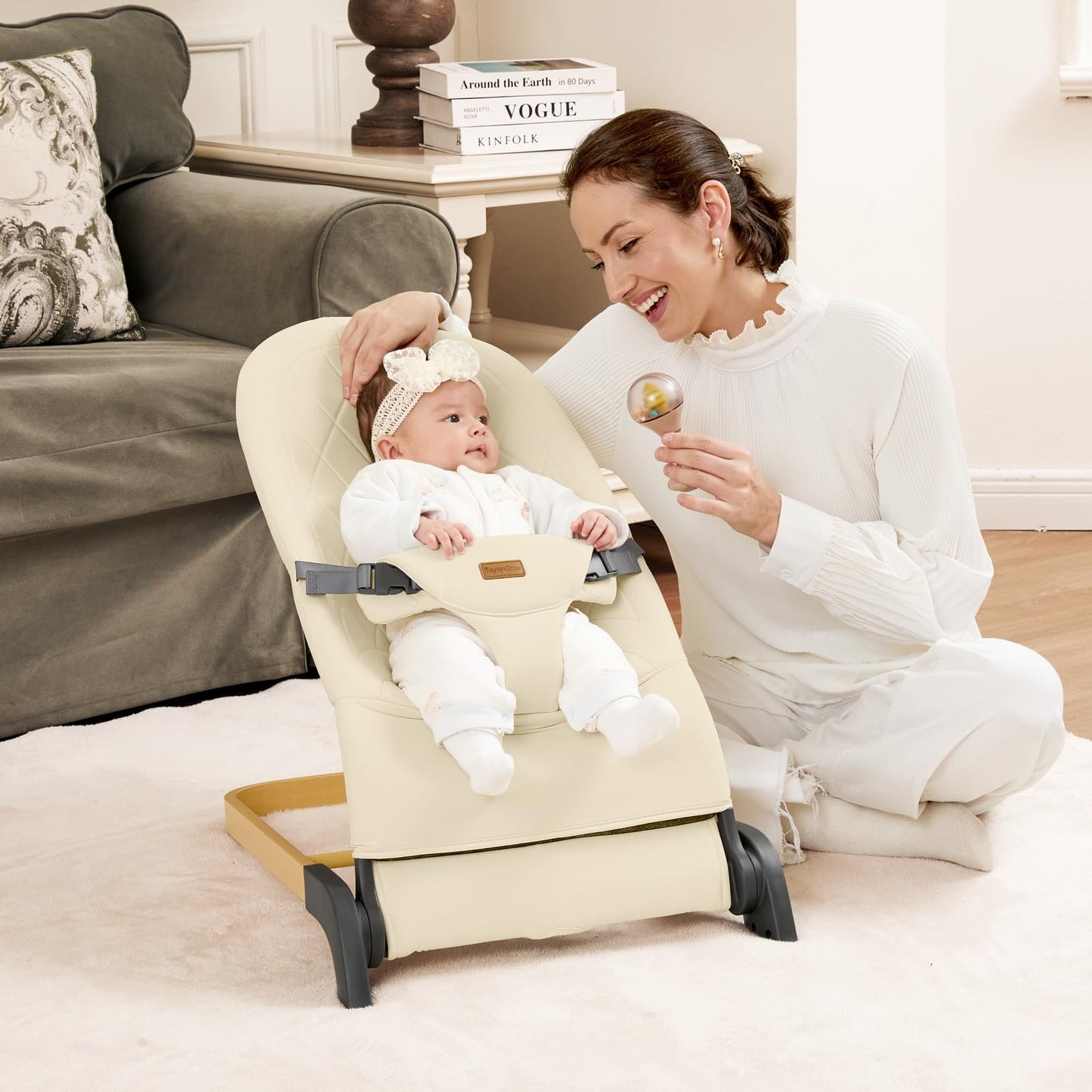 Foldable Baby Bouncer, Baby Seat with 3 Adjustable Heights, Portable Newborn Rocker, Ergonomic Bouncy Seat for Natural Bounce, Bouncer for Babies 0-6 Months, Soft Cotton (Beige)