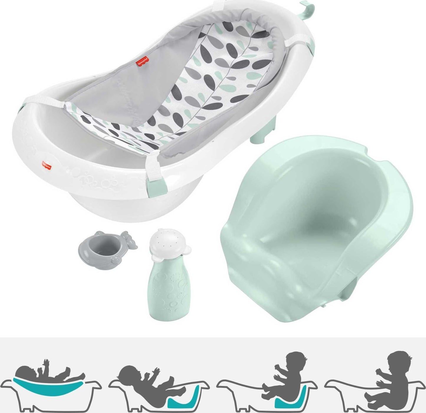 Fisher-Price Baby to Toddler Bath 4-in-1 Sling ‘n Seat Tub with Removable Infant Support and 2 Toys, Climbing Leaves