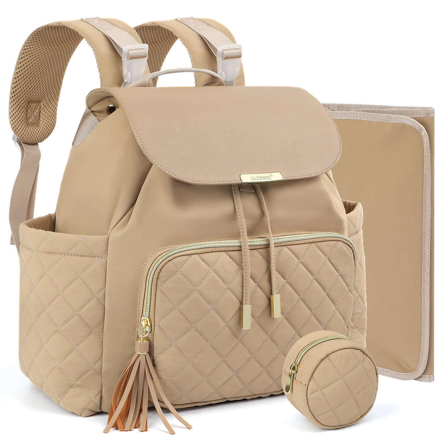 CASIRENA Diaper Bag Backpack, Small Baby Diaper Bag, Stylish Water-Resistant Diaper Backpack for Mom, Cute Travel Baby Bag for Girl Boy with Changing Pad,Stroller Buckles,Insulated Pockets (Khaki)