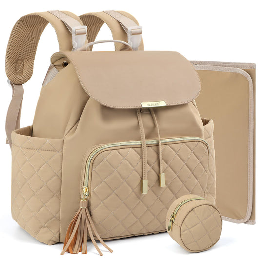 CASIRENA Diaper Bag Backpack, Small Baby Diaper Bag, Stylish Water-Resistant Diaper Backpack for Mom, Cute Travel Baby Bag for Girl Boy with Changing Pad,Stroller Buckles,Insulated Pockets (Khaki)