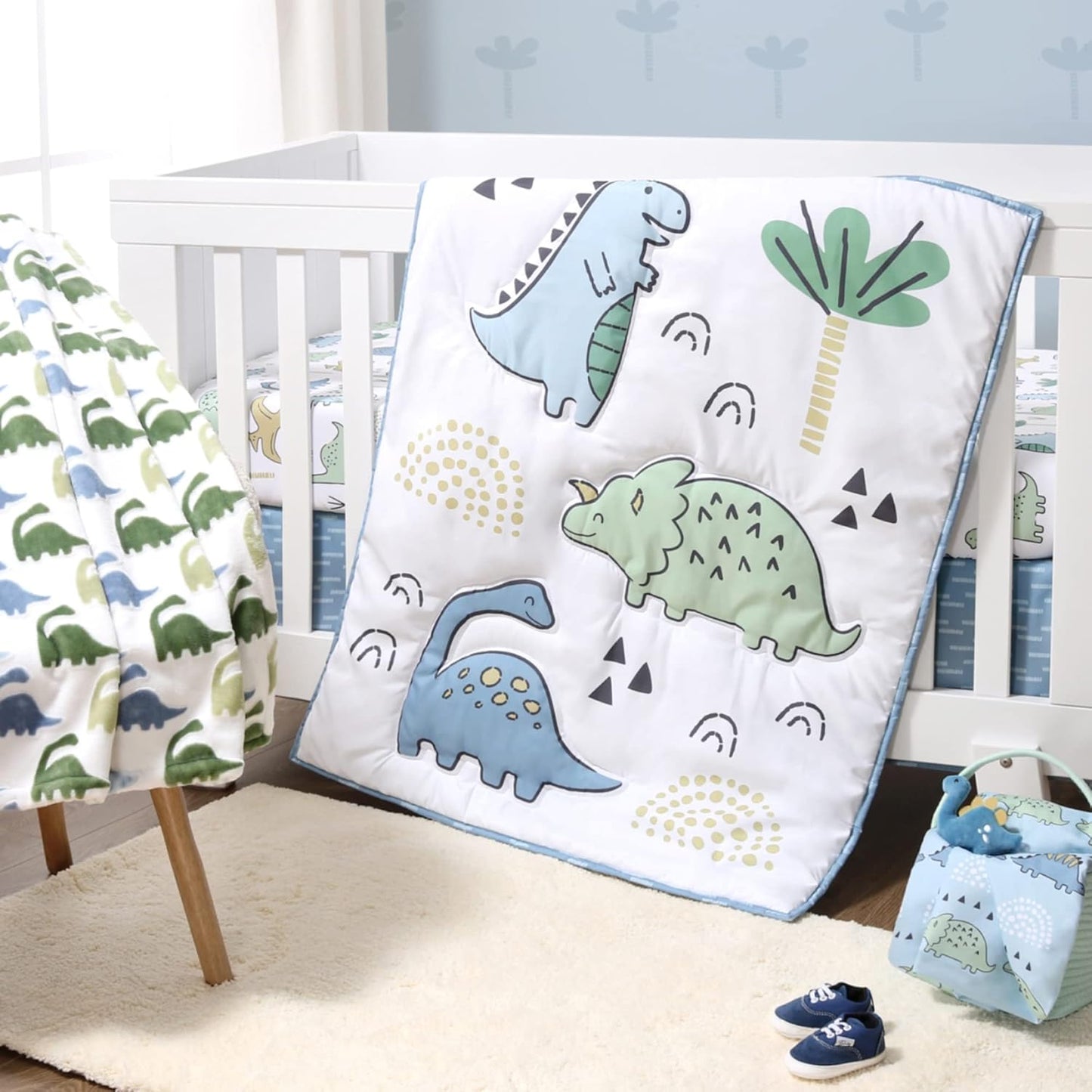 The Peanutshell 5 Piece Baby Crib Bedding Set for Boys - Newborn, Infant & Toddler Nursery Bed Set Decor with Fitted Crib Sheets, Blanket, Dust Ruffle Comforter - Blue Dino