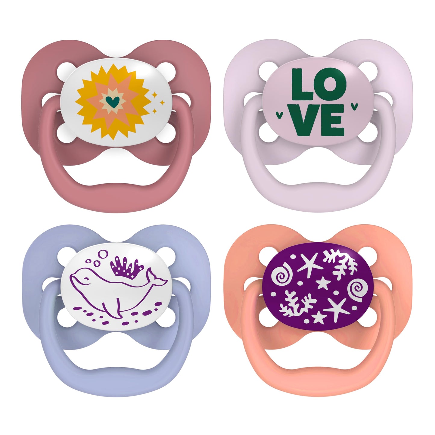 Dr. Brown's Advantage Glow-in-the-Dark Baby Pacifier, Fully Symmetrical Soother with Soft Silicone Bulb, Lavender Love-Coral Ocean, 0-6m, BPA Free, 4 Pack