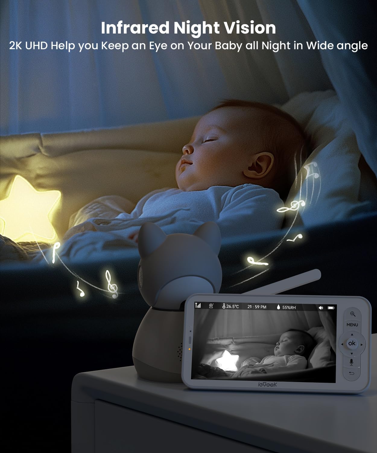 ieGeek Split-Screen Baby Monitor with 2 Camera and Audio-Two 2K Video Monitor with 5" Screen -Night Vision,Two-Way Talk,Cry&Motion Detection,Temper&Humidity Sensor,Remote Control via Screen and APP